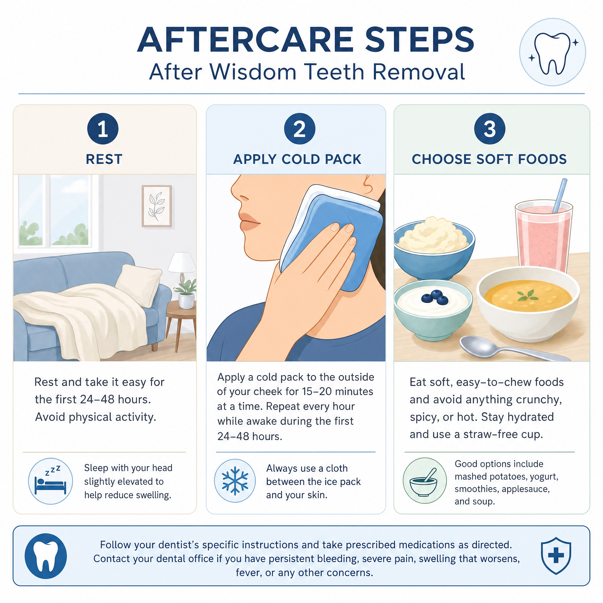 Illustrated aftercare steps for managing discomfort following wisdom teeth removal