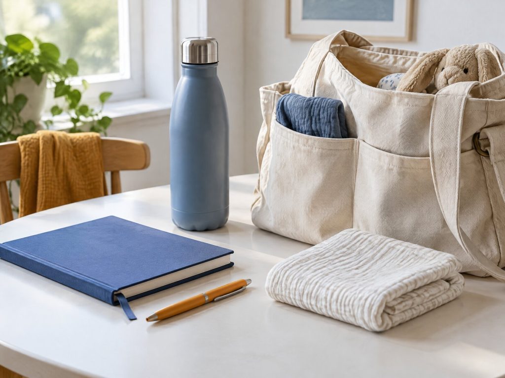 Blue notebook, water bottle and canvas bag with a soft toy on a pale table.