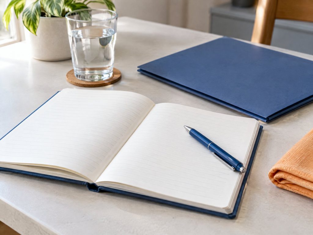 Blank open notebook and blue pen beside a folder and glass of water.