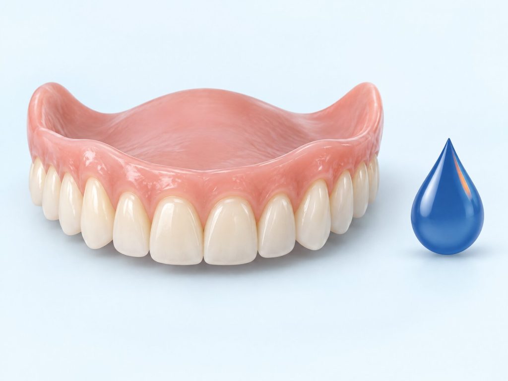 Illustration of a removable upper acrylic denture beside a blue droplet symbol.