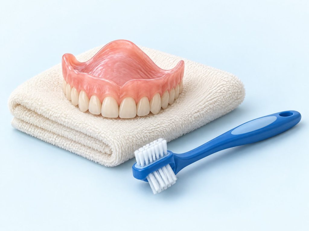 Illustration of a removable upper denture on a folded towel beside a denture brush.